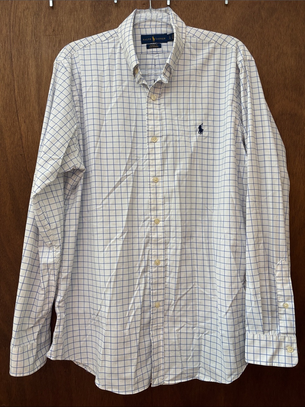 Ralph Lauren White Button-Down Shirt with Blue Windowpane Pattern